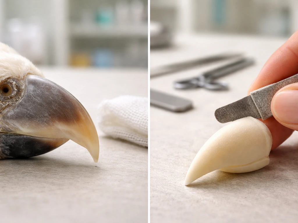Split image showing a bird beak safety warning on the left and a sanded toy beak edge on the right.