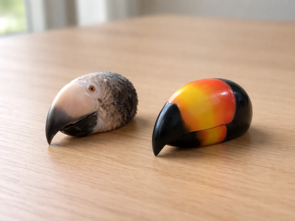 Close-up of a real parrot beak next to a separate toy beak prop on a clean table.