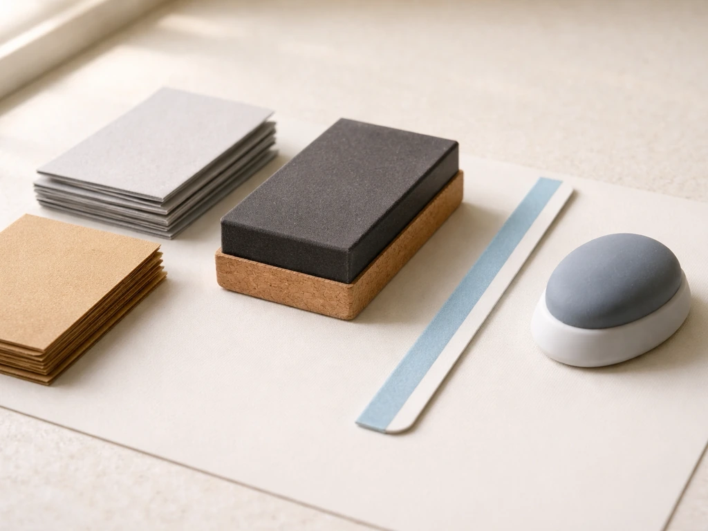 Assorted sandpapers, sanding block, edge guide, and gentle smoothing tool arranged on a workbench for prop beak filing.