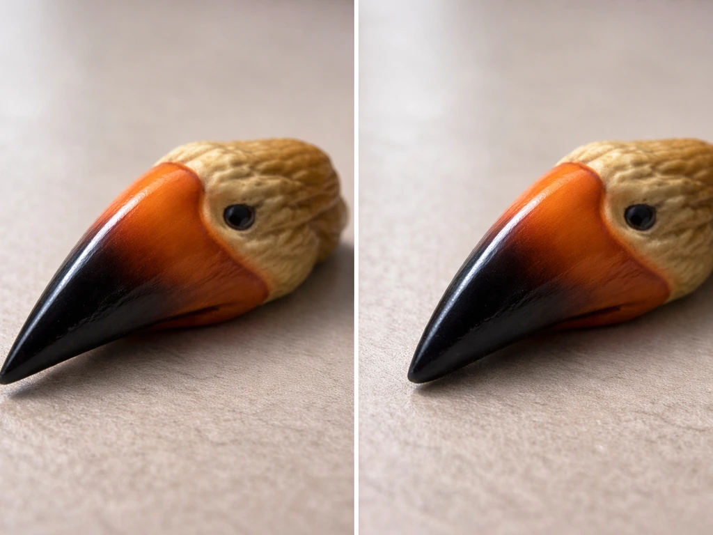 Close-up of a toy beak showing a sharp edge beside a slightly softened edge on a tabletop.