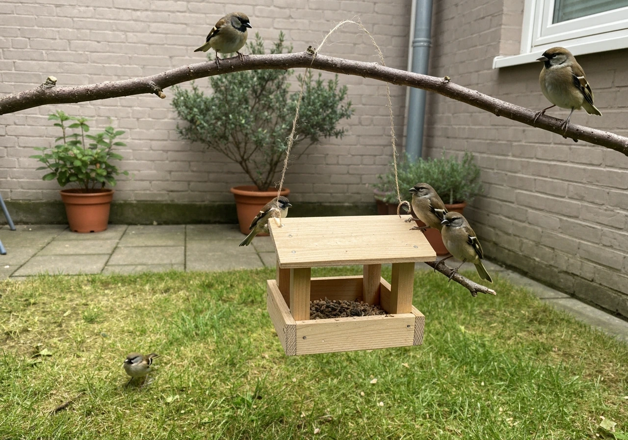 Backyard bird-feeder with small birds perched on a branch in soft daylight
