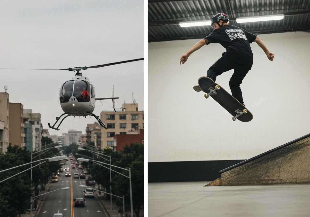 Split image: left a police helicopter over a city, right an anonymous skateboard trick above a ramp.