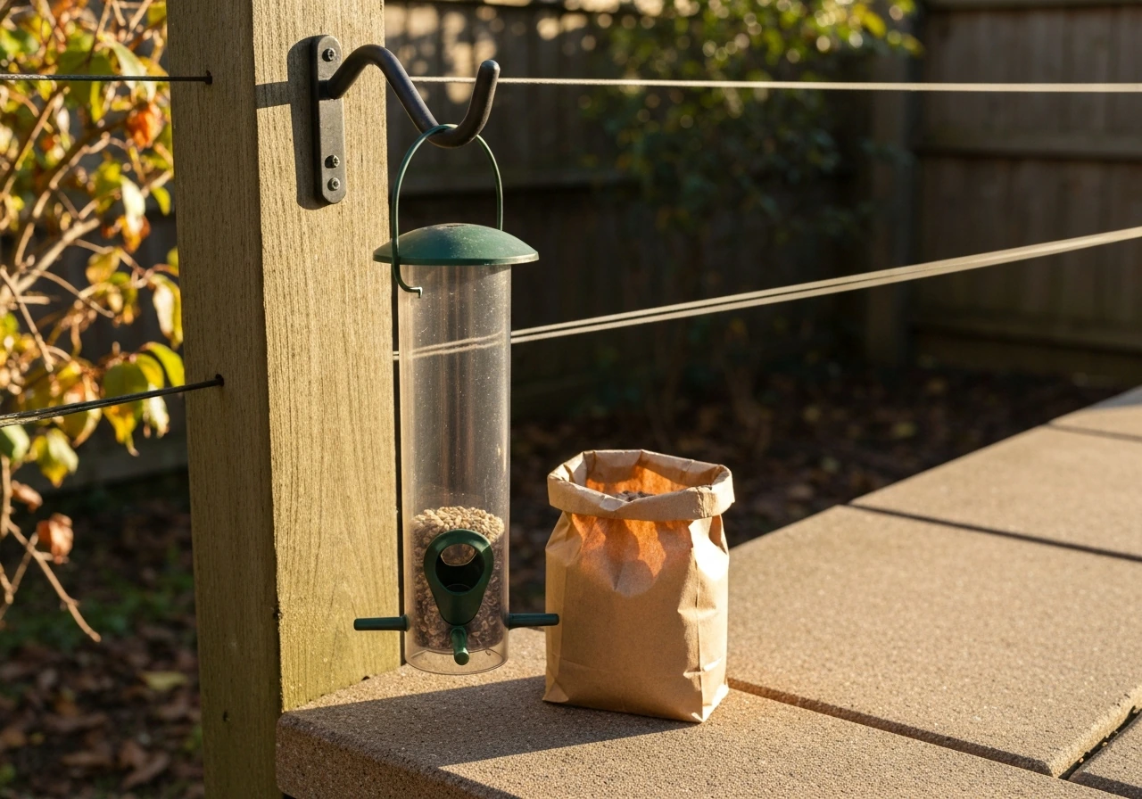 A hanging seed tube bird feeder with a simple hook and seed bag in a small urban backyard.