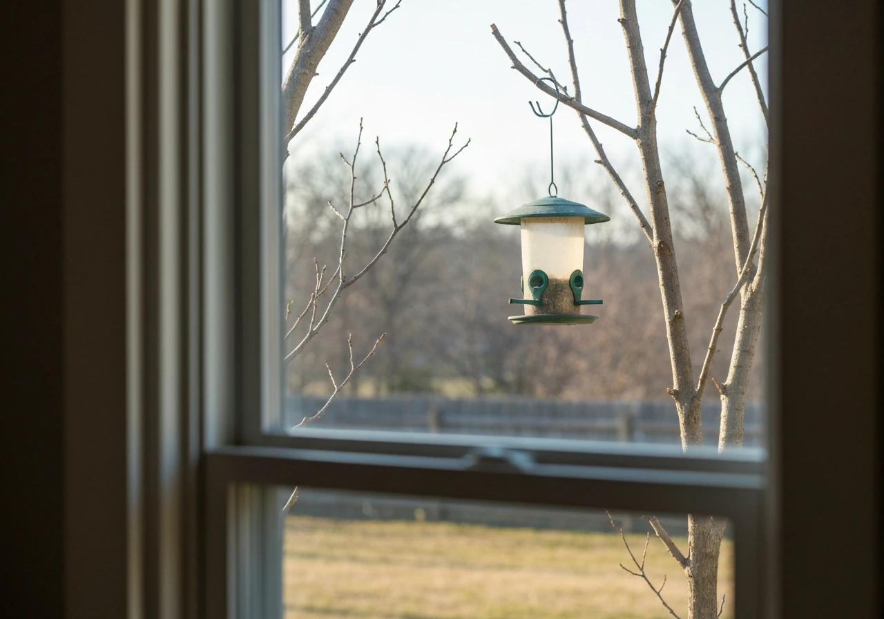 Bird feeder hanging outside a window with clear viewing line-of-sight and nearby perches, no people.