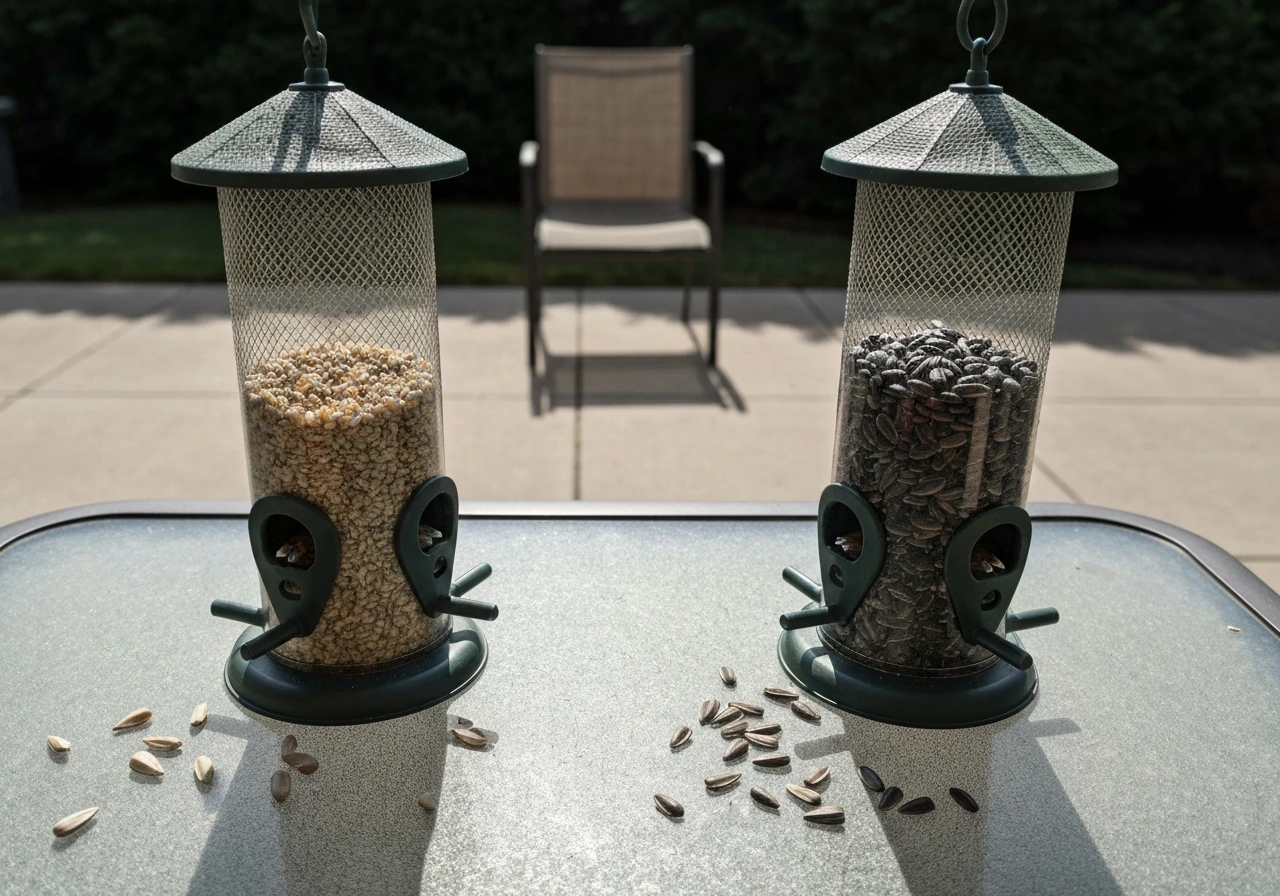 Two bird feeders side by side showing wrong seed vs black-oil sunflower seeds, with a clear relocation setup