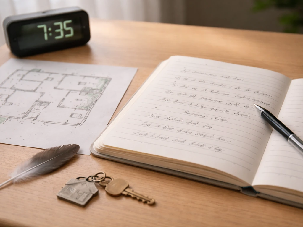 Hand writing an escape log with a pen, with a simple room map on a desk near a notebook and watch.