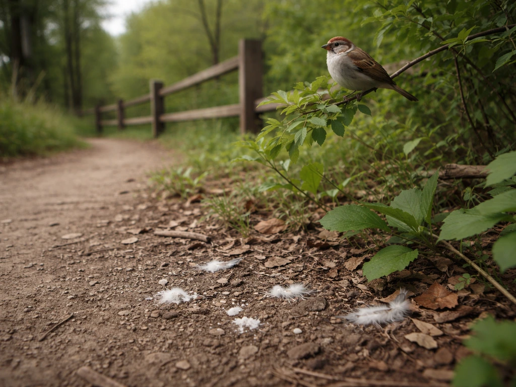 Close view of leafy branch and fence-side foliage with subtle bird-sign cues and quiet tree line background.