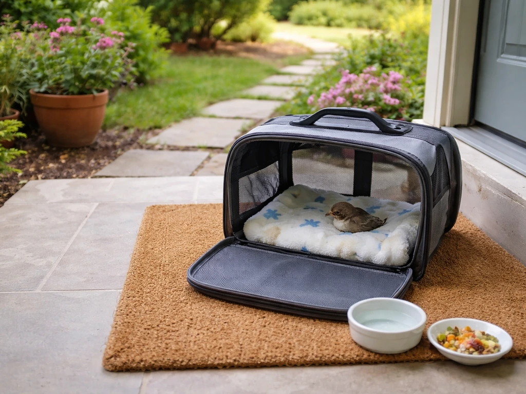 Open bird carrier in a front yard recovery station with water and food nearby, no people present.