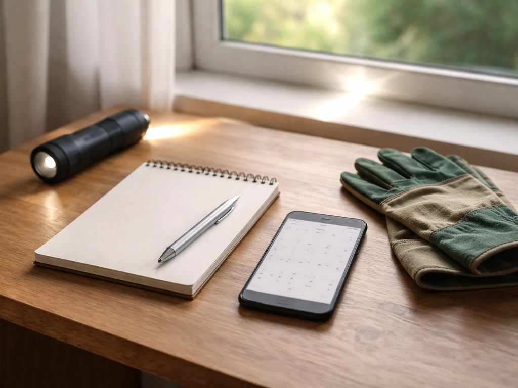 Minimal desk scene with blank notepad and phone calendar, flashlight and gloves for a day-by-day search plan