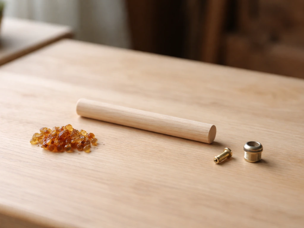 Hardwood dowel, rosin, and small metal ring parts arranged on a workbench for a DIY bird call