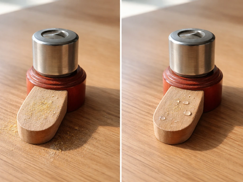 Close-up of a bird call mouthpiece on two sides: dry contact surface vs wet, with rosin dust on the dry side.