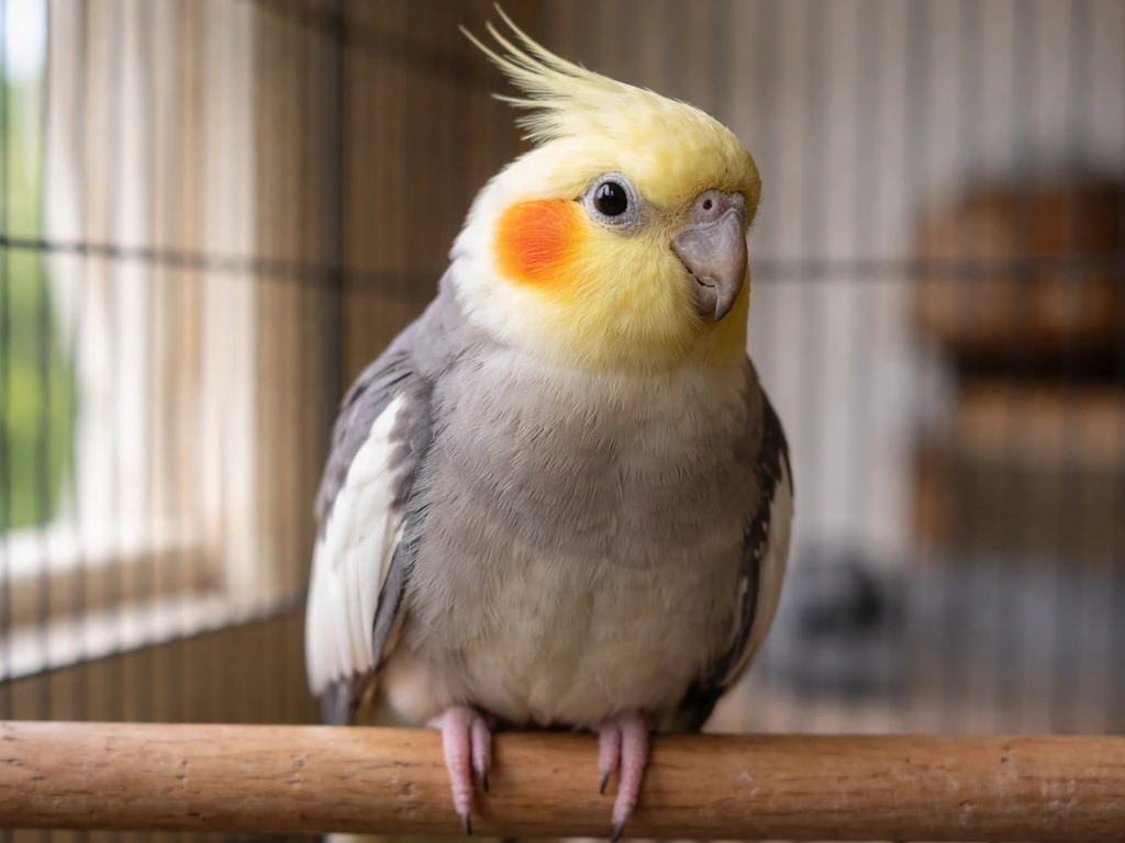 Close-up of a cockatiel perched on a wooden perch, highlighting beak shape and feather texture for identification.