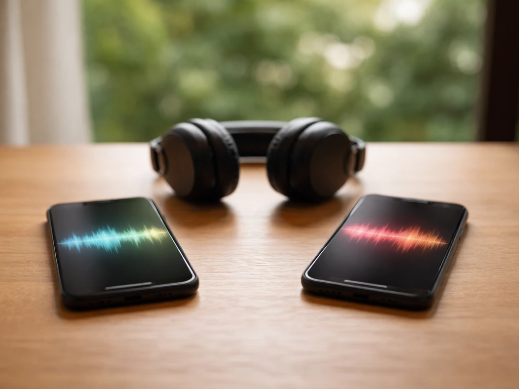 Two smartphones and headphones on a wooden table with soft audio waveforms, suggesting bird-call sound cues.