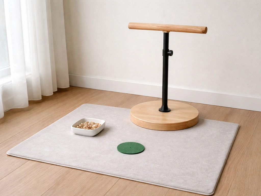 Minimal bird training setup: calm safe perch area with a small target and treats on a tray.