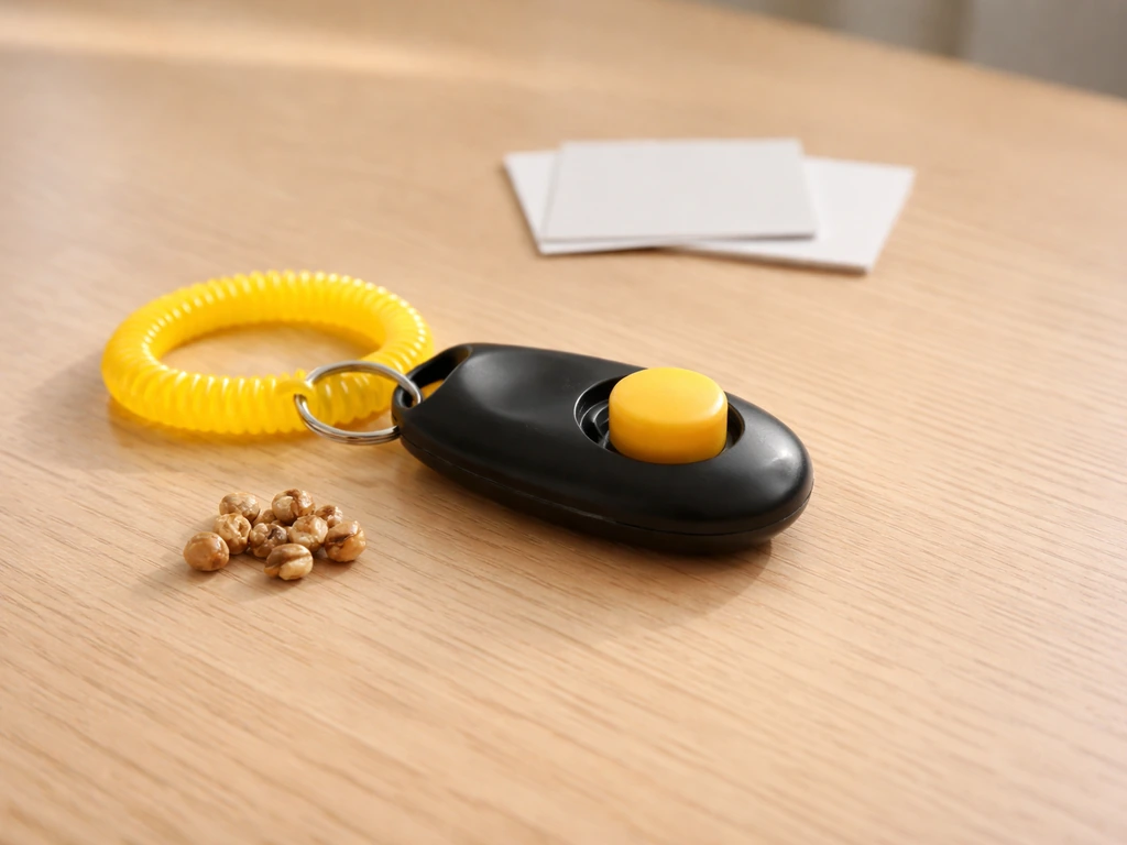 Close-up of a small handheld bird training clicker beside bird treats on a simple tabletop