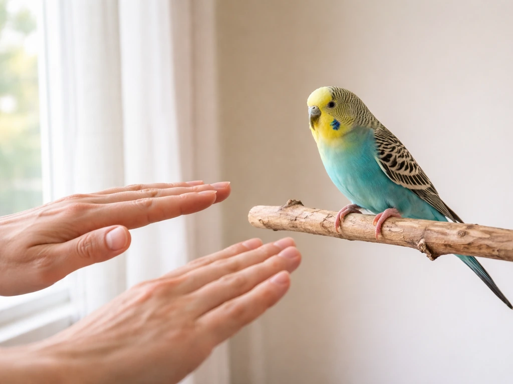 A calm small parakeet on a perch while hands stay open and at a safe distance, no punishment tools.