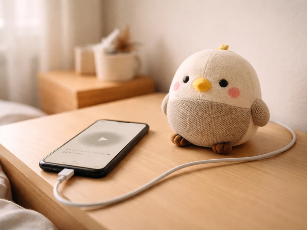 Bird-themed read-aloud toy on a bedside table beside a smartphone with an unlabeled audio screen.