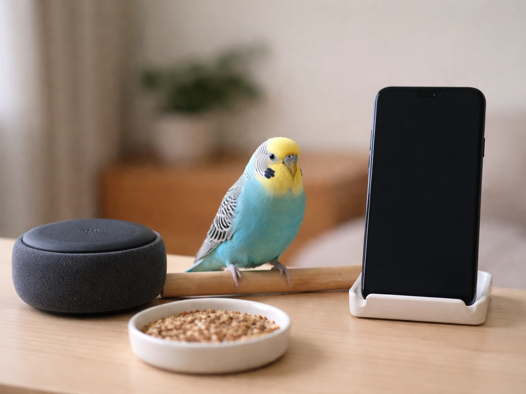 Minimal photo showing two bird read-aloud setups: a small smart device and a phone beside a bird feeder