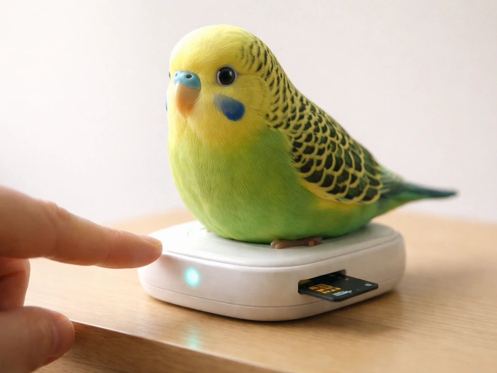 Smart parakeet toy powered on with SD card inserted while a finger triggers playback.