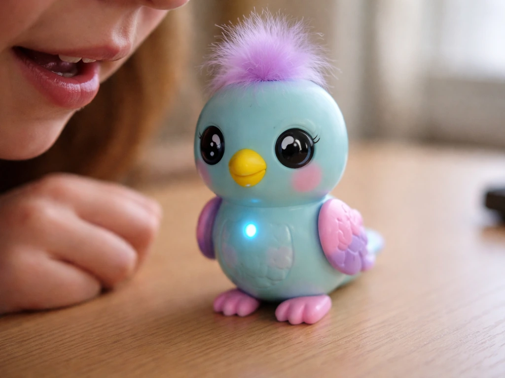 Close-up of a small Fingerlings-style bird toy on a desk as someone speaks into its mic before playback.