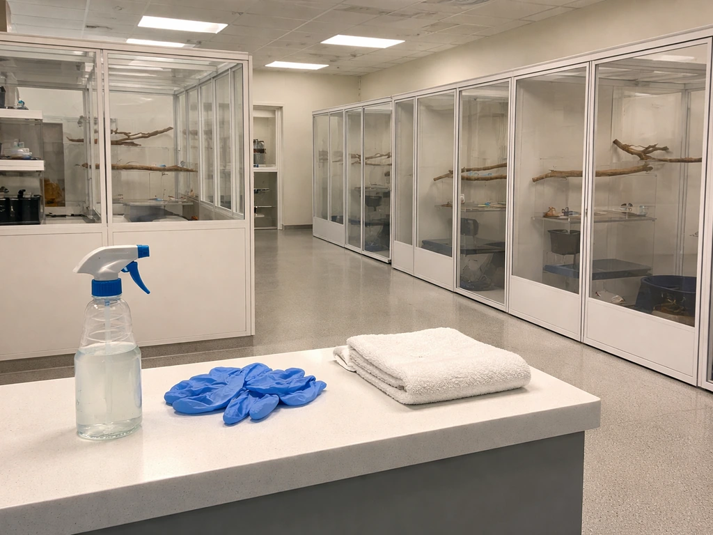 Minimal bird sanctuary intake scene with clean triage counter and partitioned quarantine enclosures