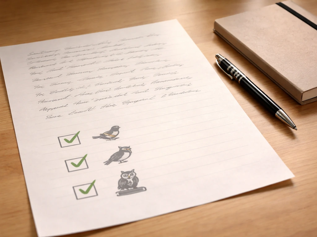 Mission statement draft on a desk with a simple checklist and bird icons, pen and paper in natural light