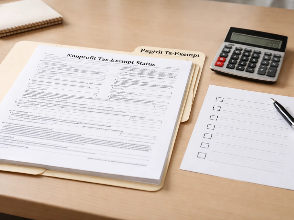 Nonprofit tax-exempt application documents on a desk with a calculator and checklist, folder for IRS 501(c)(3) setup.