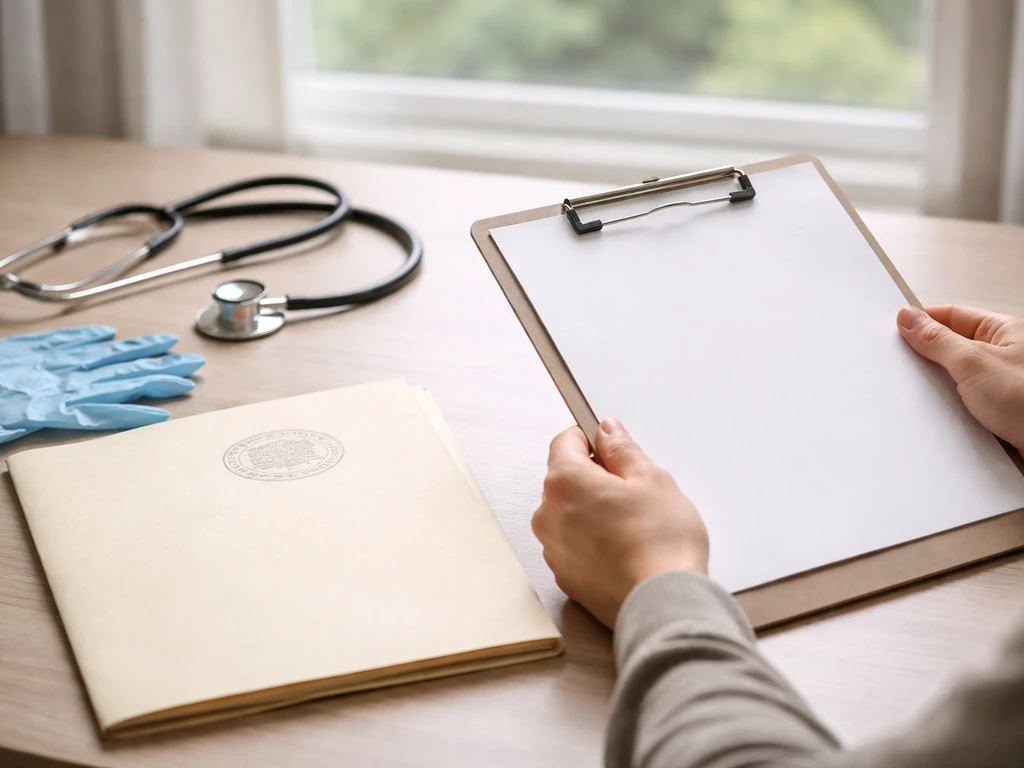 Gloved hands on a quiet office desk with wildlife care supplies and blank permit paperwork, outdoors visible.