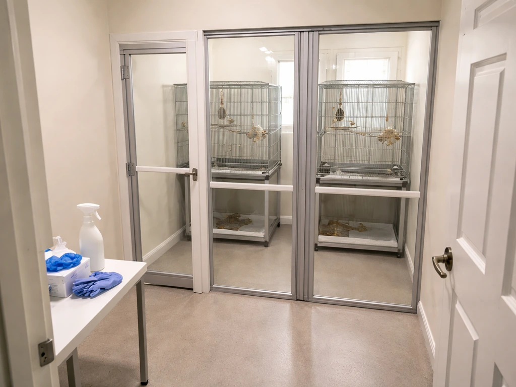 Simple quarantine housing setup with separate enclosure areas, barrier separation, and sanitation station