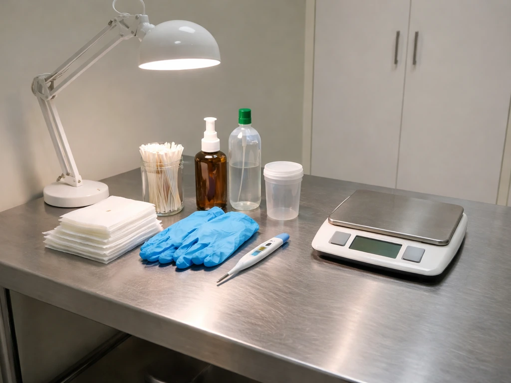 Clean veterinary triage table with bright lighting, disinfectable surface, gloves, and wound-care supplies.