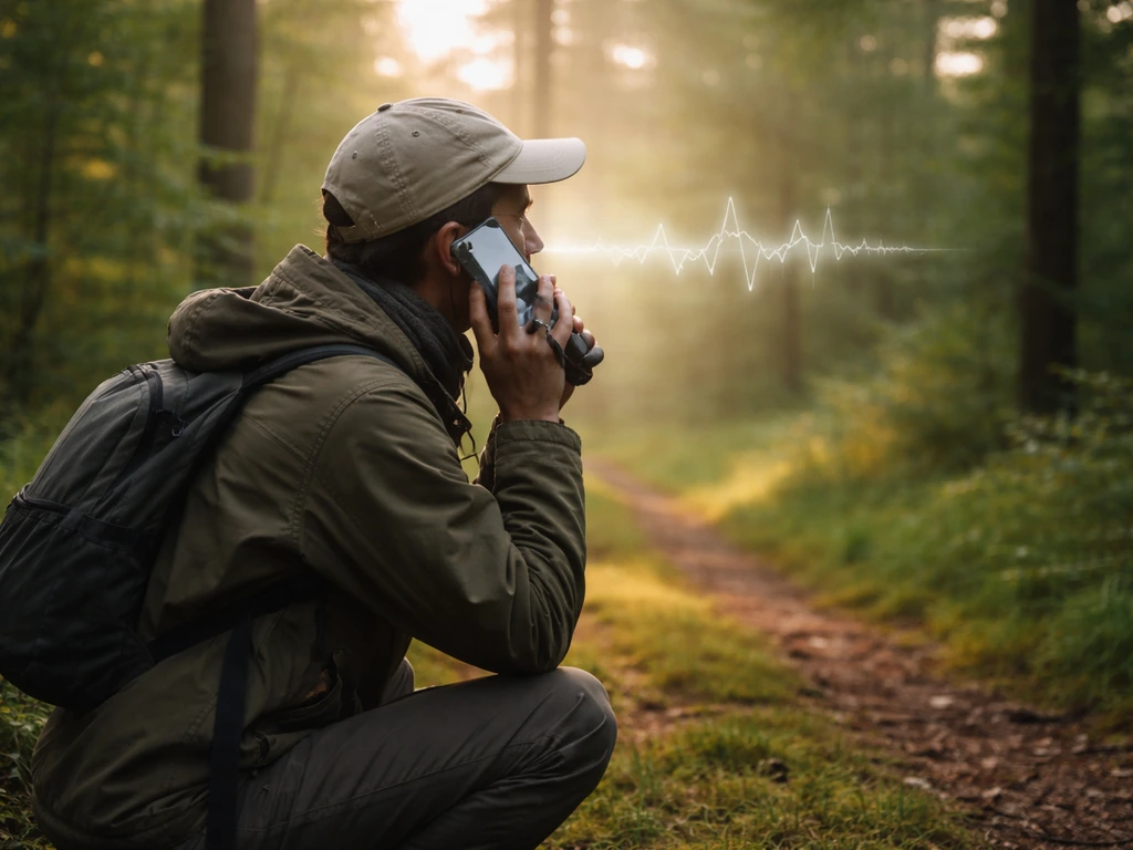 Birder in a quiet forest listening and recording a bird call with a smartphone in hand.