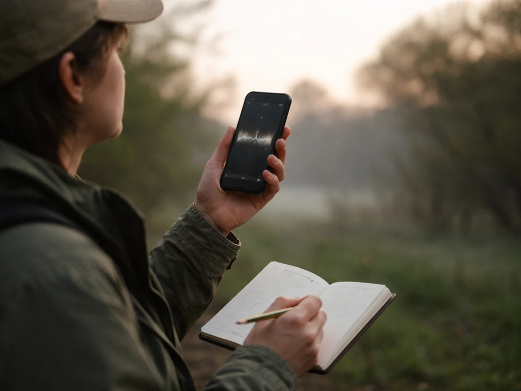Person recording a bird call on a smartphone while looking at a small notebook outdoors at dawn.