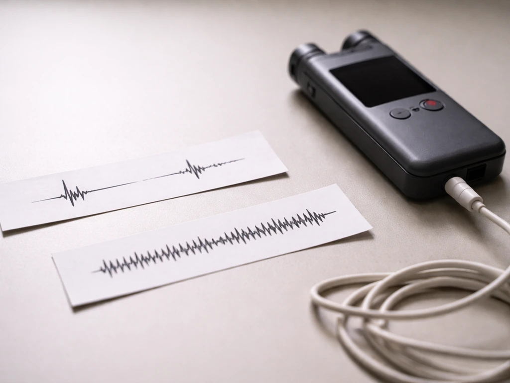 Two contrasting printed waveform strips showing a single chip versus repeated pulses on a desk.