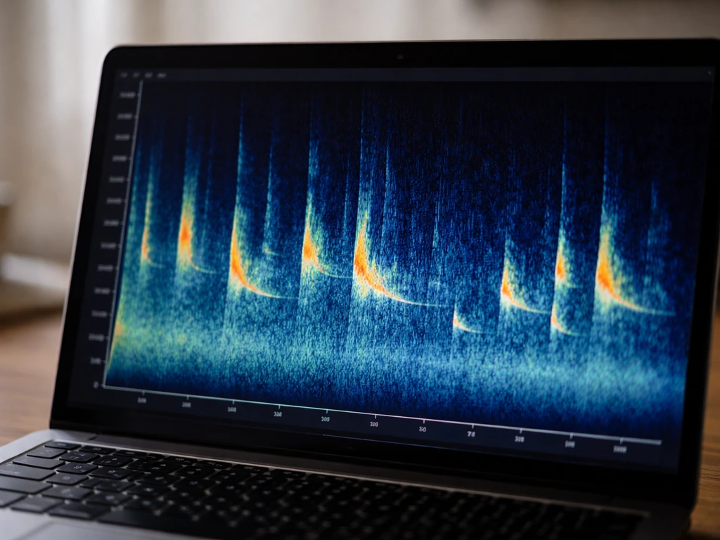 Close-up of a bird-call spectrogram with pitch vertical and time horizontal on a laptop screen