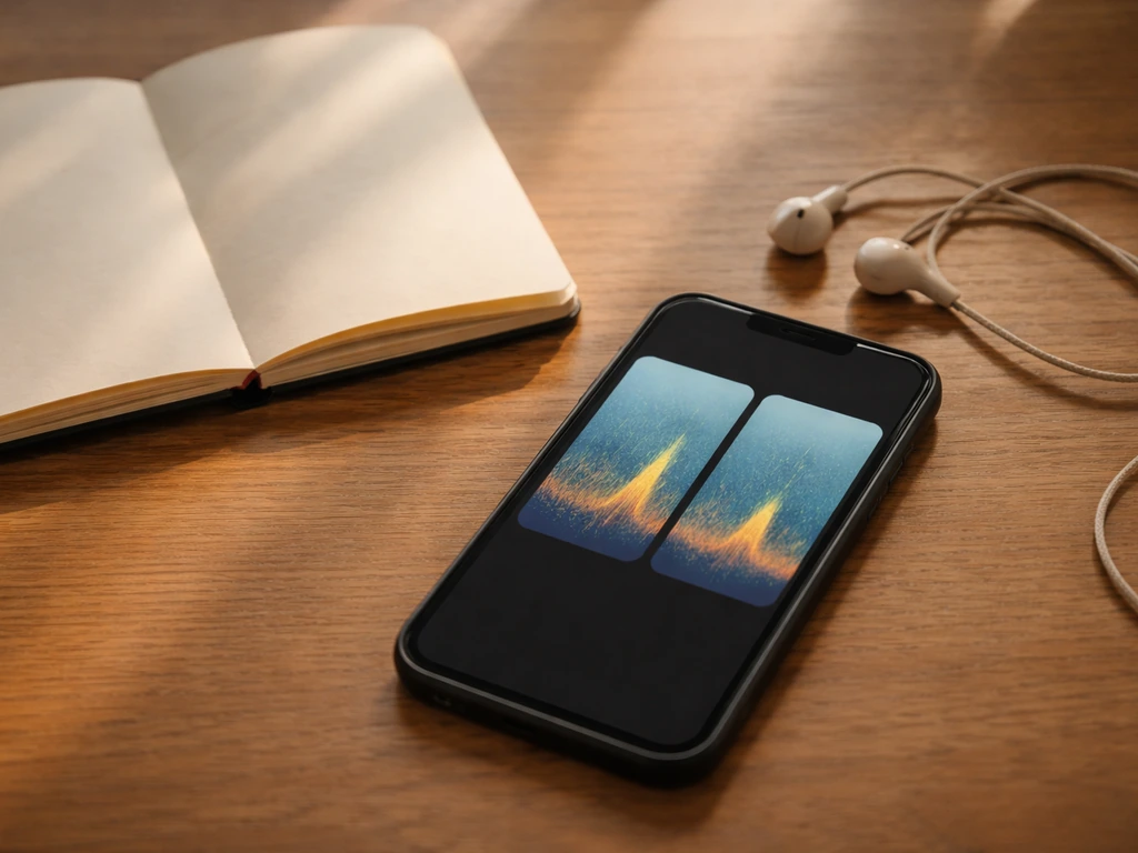 Close-up of a smartphone showing two bird call spectrogram thumbnails on a desk with a field notebook