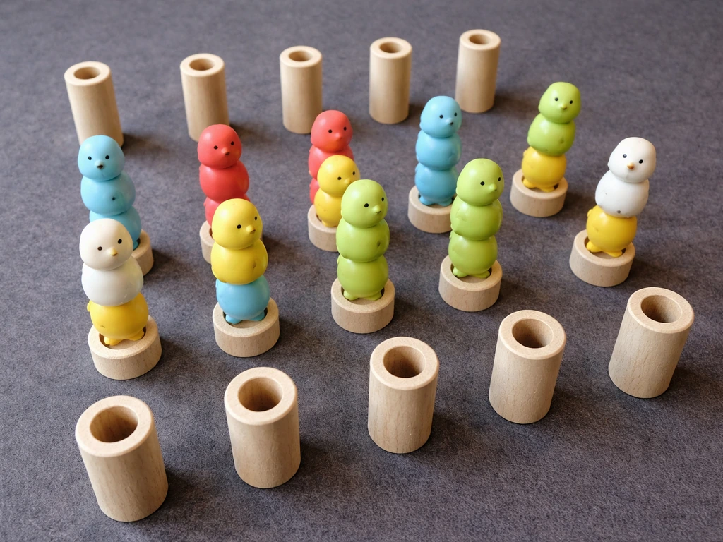 Overhead view of a bird-stacking game board with perches showing four birds per branch capacity.