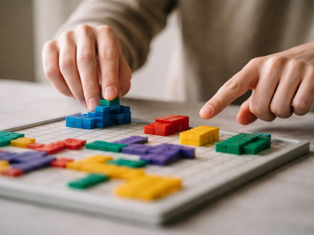 Hands hovering over a simple puzzle board, pointing to matching-color stacks and next move.