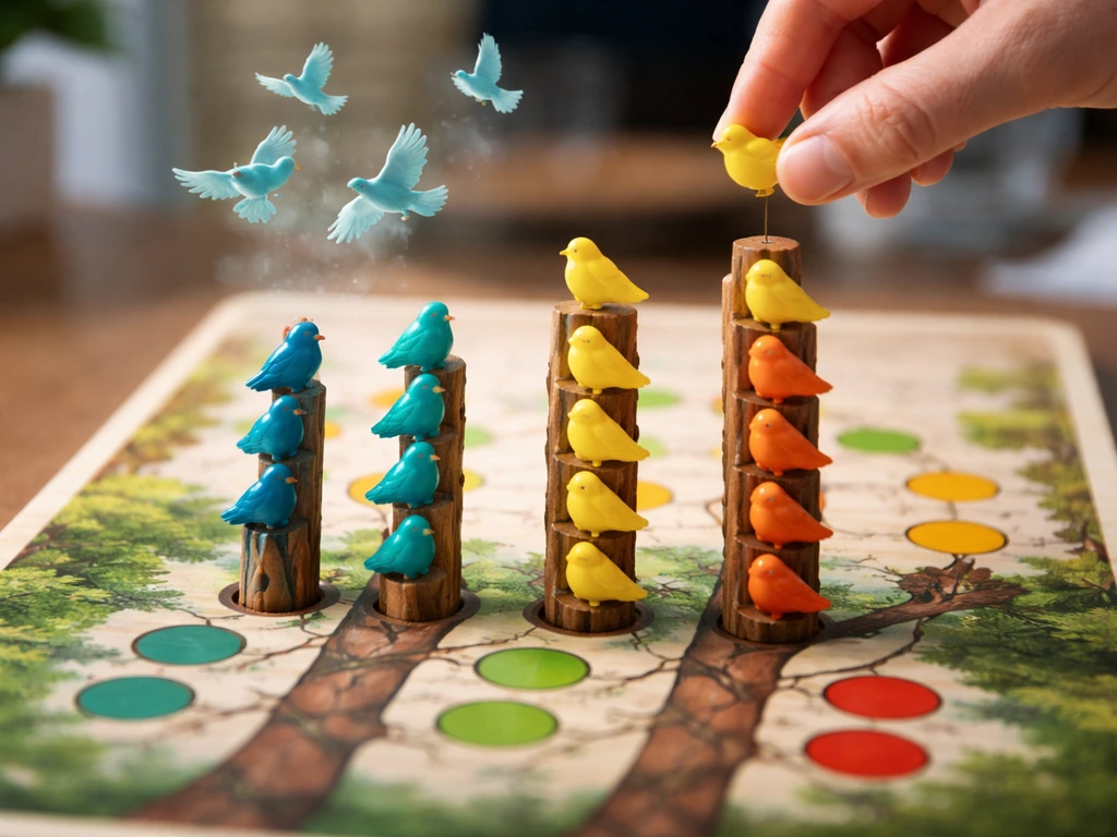 Tabletop puzzle board showing a completed monochrome bird branch and a top bird being moved.
