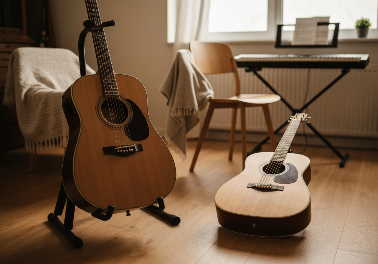 Acoustic guitar on a stand in a cozy room with a keyboard nearby, ready for folk practice.
