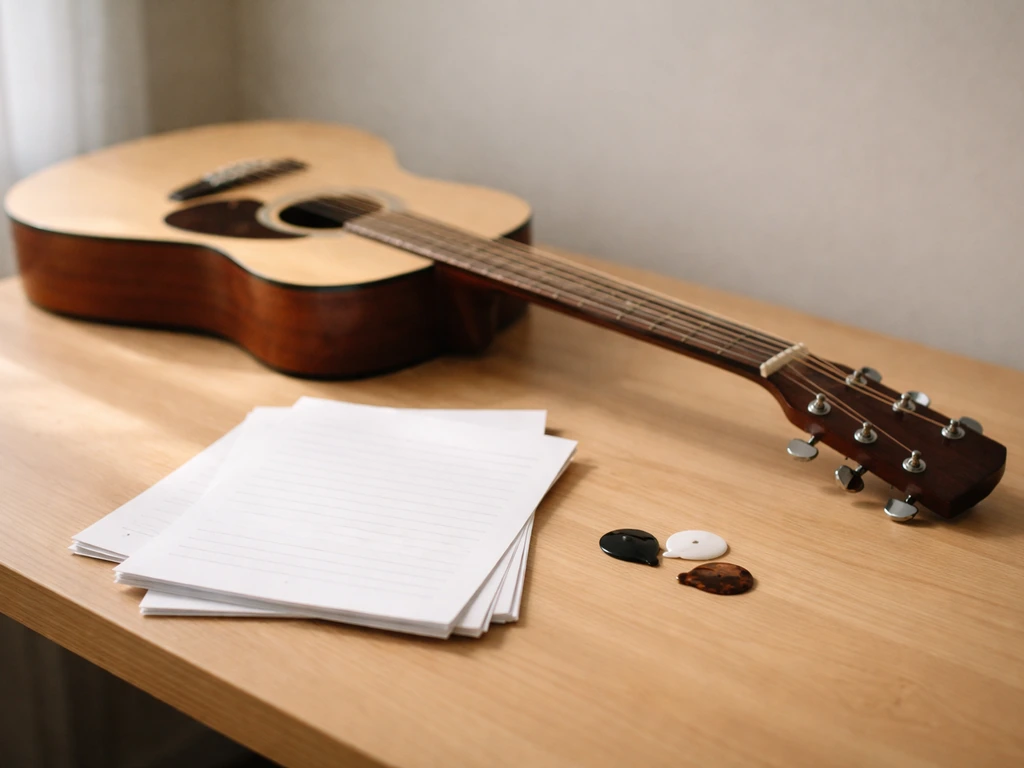 Beginner essentials on a wooden desk: acoustic guitar, simple chord pages, and a few picks.