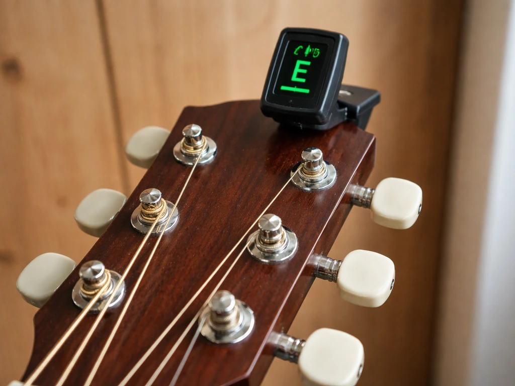 Close-up of a guitar headstock with tuning pegs and strings, showing a tuner for accurate pitch.