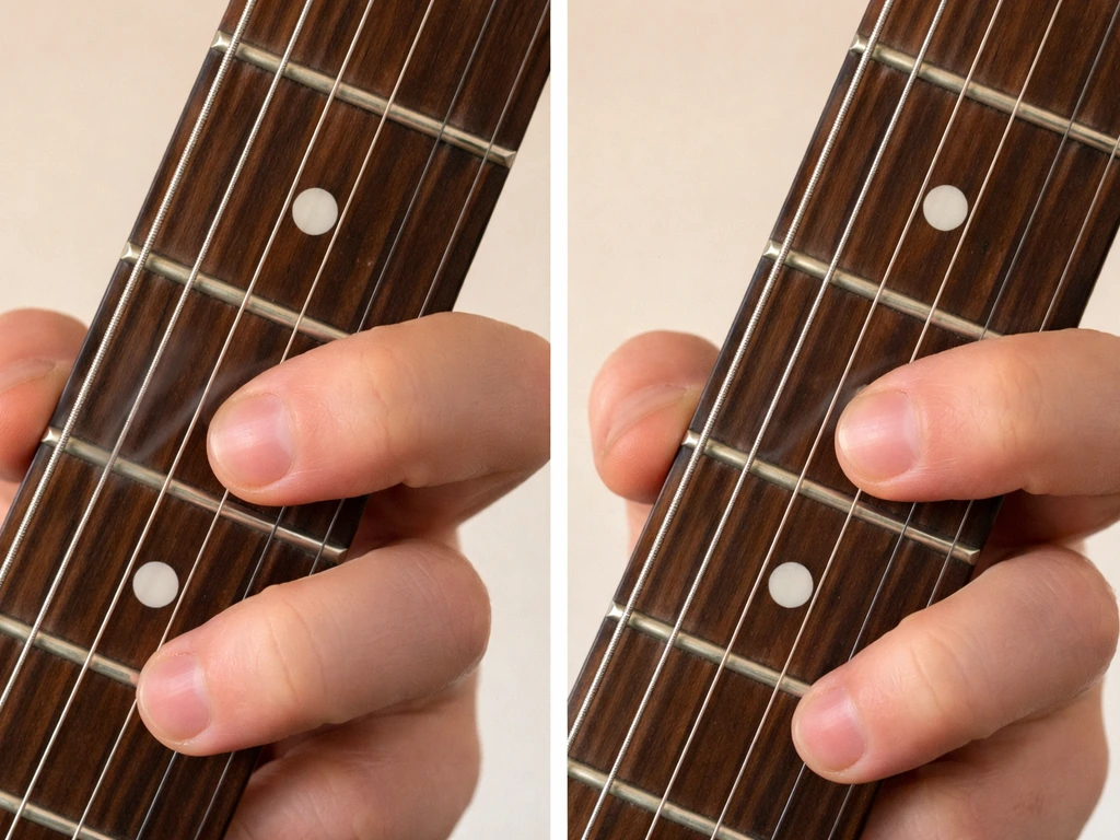 Close-up of a guitar neck showing finger buzz from improper placement, then corrected clean fretting.
