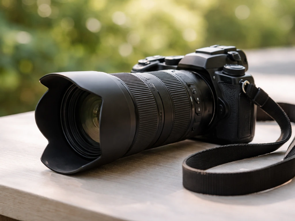 Entry-level mirrorless camera with telephoto lens on a small table, strap beside it, ready for bird photos.