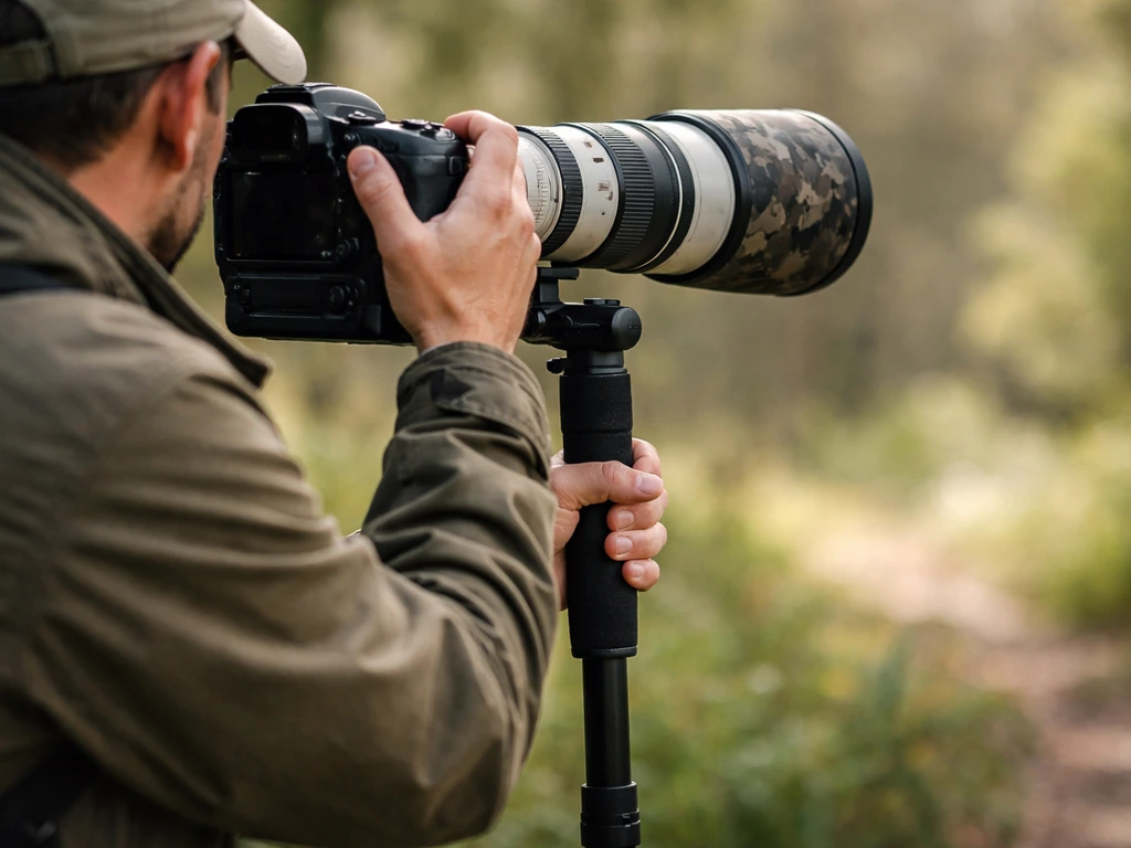 Photographer bracing a monopod with a long telephoto lens, mid-pan, blurred outdoor greenery background.