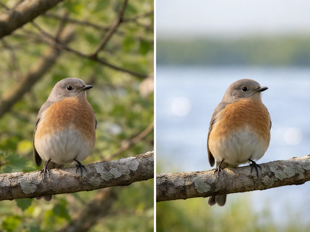 Side-by-side before/after: a perched bird with distracting greenery background vs smooth sky-water bokeh background.