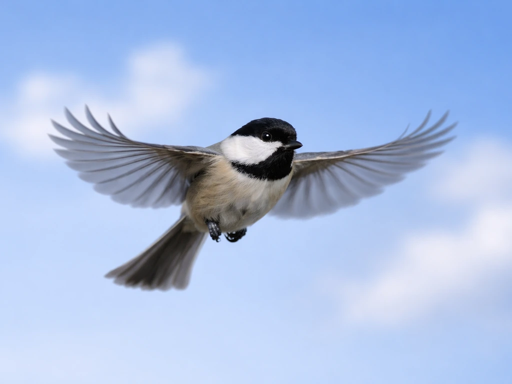 Sharp bird in flight with crisp eye and detailed feathers against a soft, blurred sky.