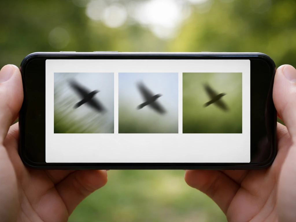 Close-up of three blurred bird-photo outcomes shown as small, separate frames on a camera screen