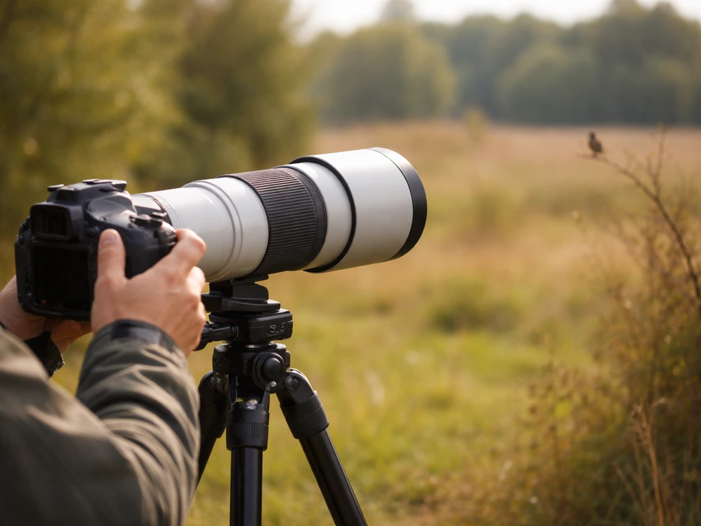 Photographer’s telephoto lens on a tripod aimed toward a distant bird in a quiet outdoor field