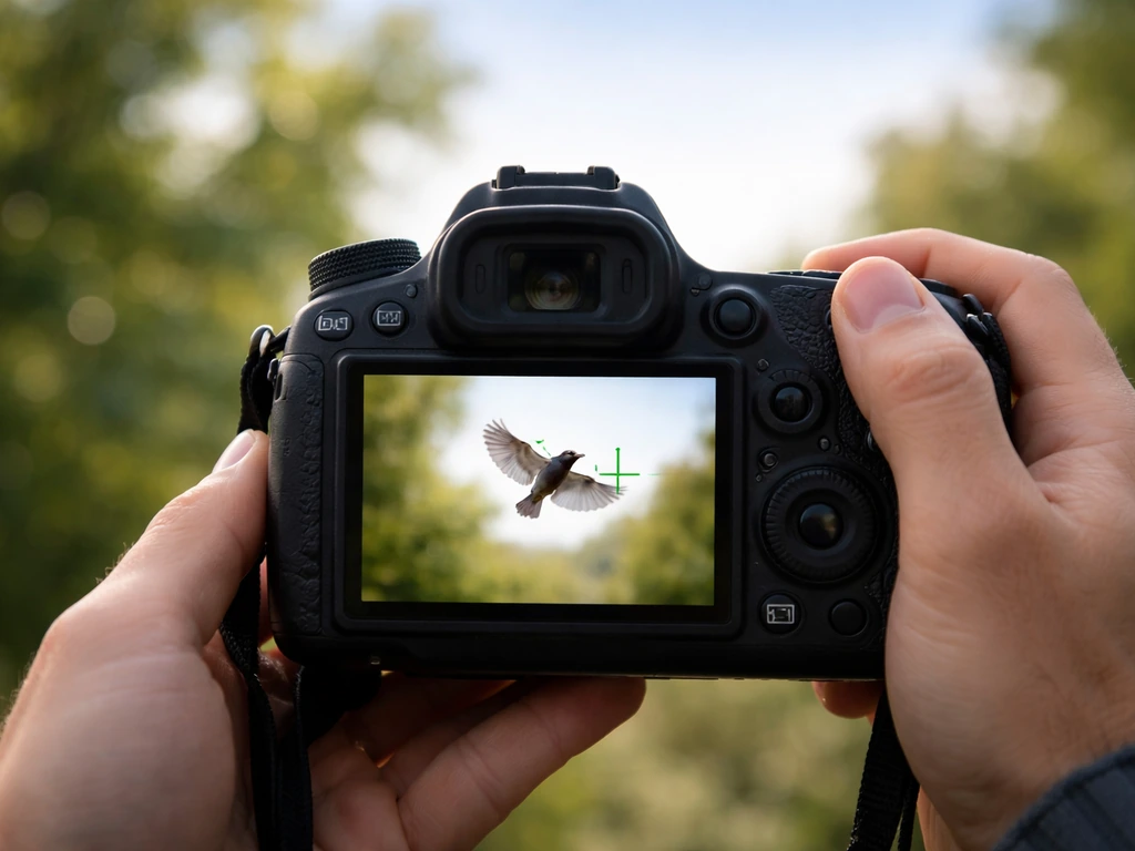 Camera screen view tracking a small bird in flight over a quiet natural background.