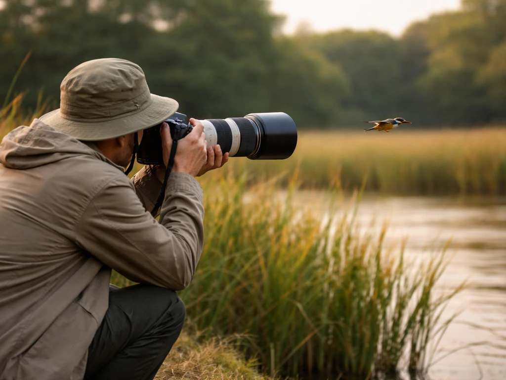 Photographer smoothly panning a camera to keep a small bird sharp against a blurred nature background.